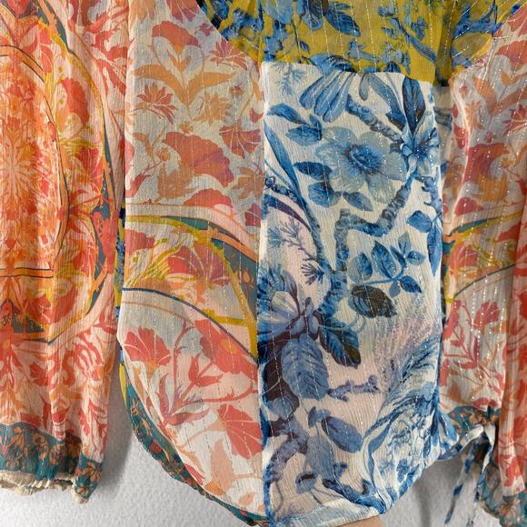 BCBGMAXAZRIA Top S Silk Sheer Floral Metallic Striped Long Sleeve Blue Orange - Picture 7 of 11